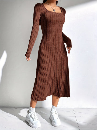 Chic Ribbed Knit Sweater Dress for Women - Casual Square Neck, Long Sleeve with Stretch, Machine Washable - Perfect for Fall/Winter