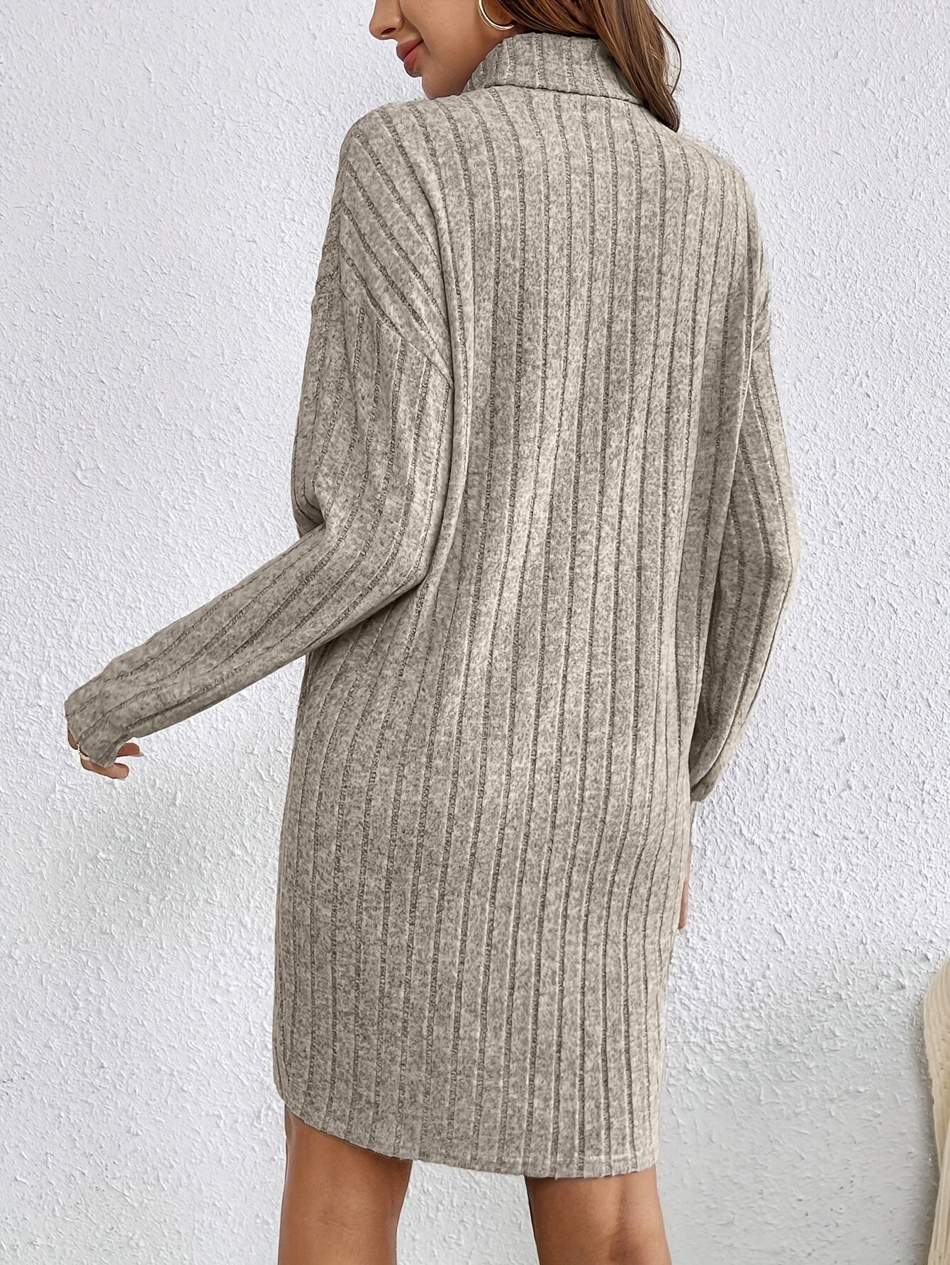 Solid Color Turtle Neck Dress, Elegant Textured Knit Long Sleeve Dress For Spring & Fall, Women's Clothing