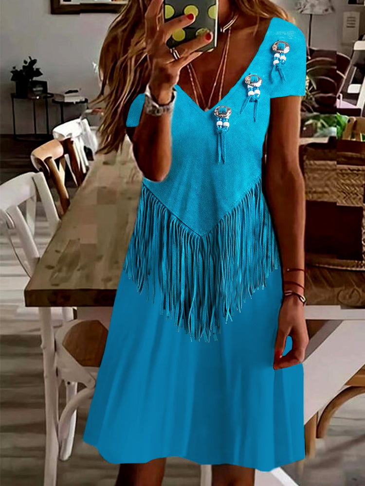 vmtvr - Western Vintage Leather Fringe Art V Neck Midi Dress