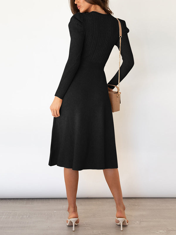 vmtvr - High Waisted Long Sleeves Solid Color Tied Waist Round-Neck Midi Dresses Sweater Dresses