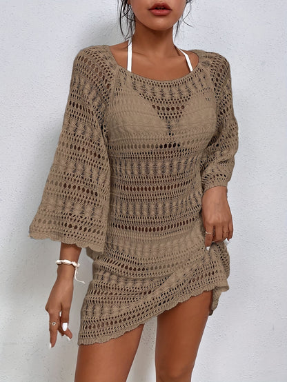 Hollow Knitted Coverup Dress, Vacation Bell Sleeve Beach Dress For Summer, Women's Clothing