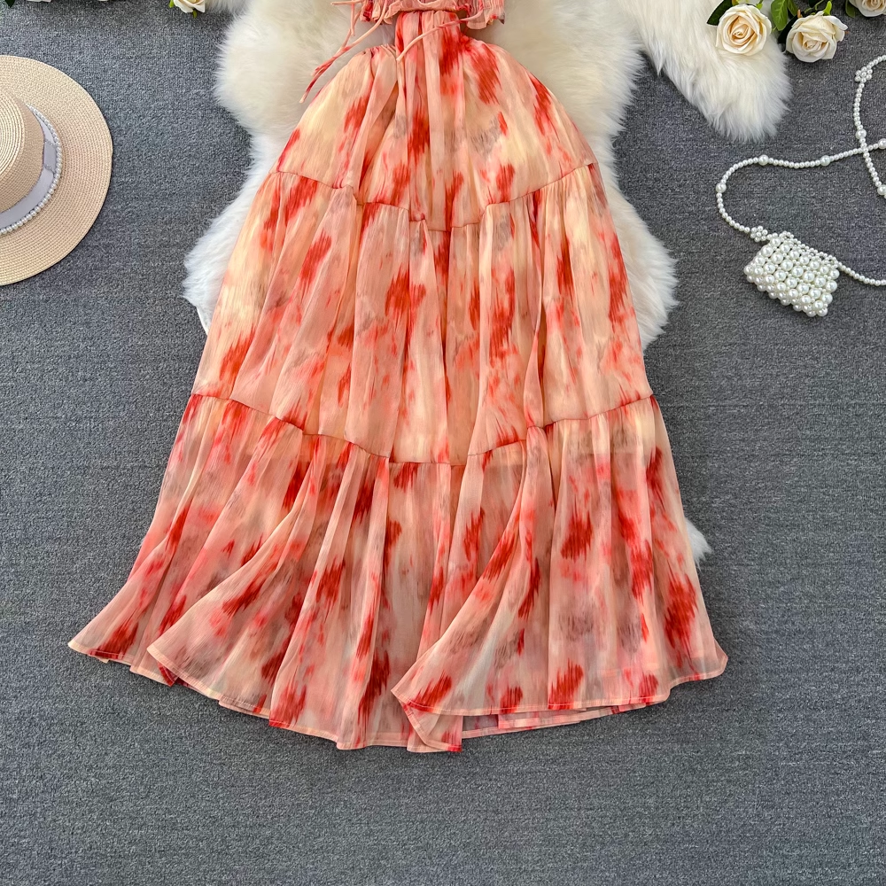 - A-line printed suspender dress seaside vacation long  GEU941