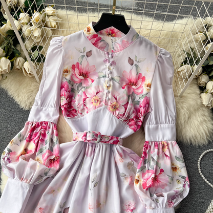 vmtvr- Long-sleeved stand-up collar lantern long-sleeved printed skirt women's court style dress GEU402