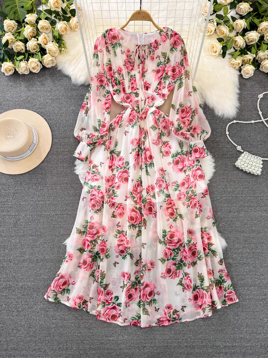 - Long-sleeve round neck A-line rose print chiffon maxi dress GEU884