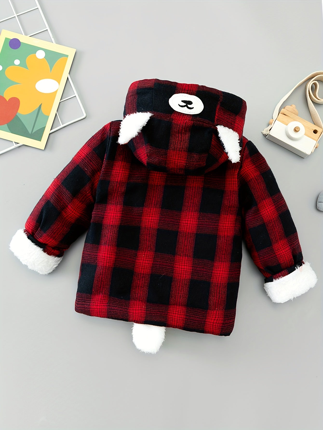 Boy's Cute Thermal Padded Jacket, Casual Warm Button Up Fleece Hooded Jacket For Outdoor Winter