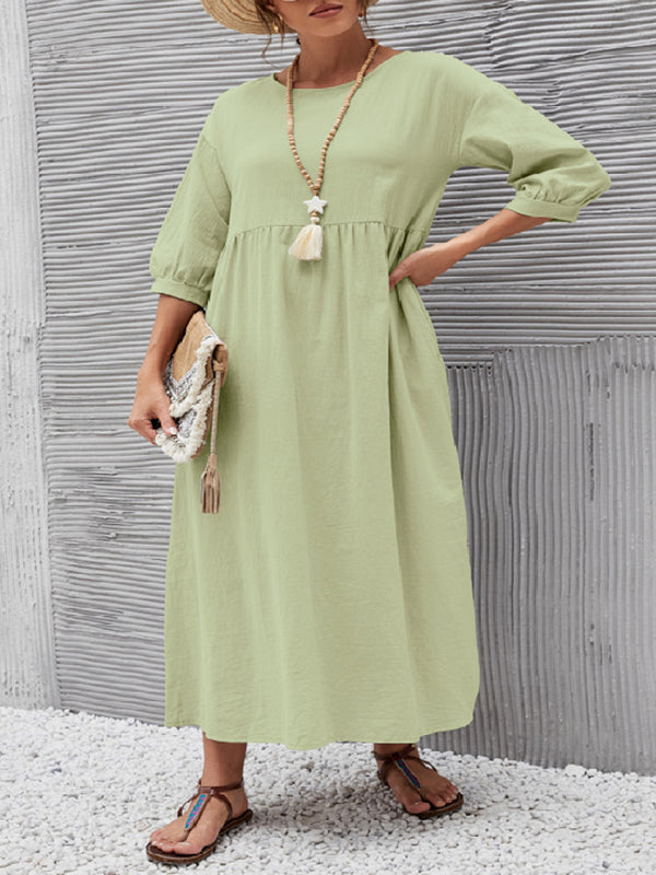 vmtvr - 11 Colors Simple Round-Neck Solid Color Midi Dress