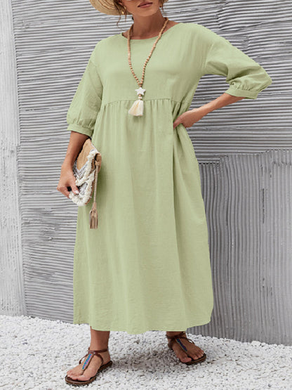 vmtvr - 11 Colors Simple Round-Neck Solid Color Midi Dress