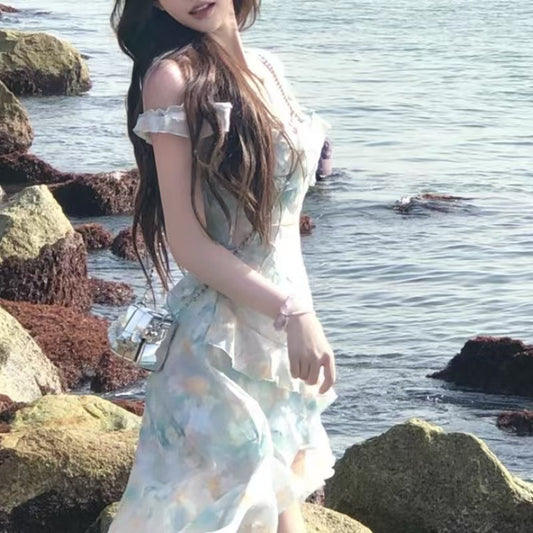 vmtvr Summer Beach Style Flroal Y2k Mini Dress Woman Chiffon Elegant Y2k Mini Dress Korean Fashion Short Party Dress Office Lady