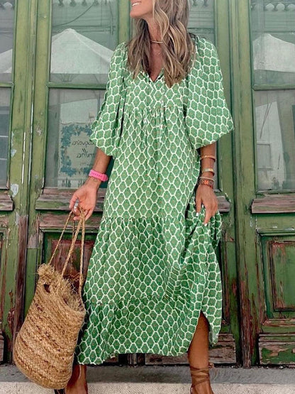 vmtvr - Hot Green Printed Vacation Loose Maxi Dresses