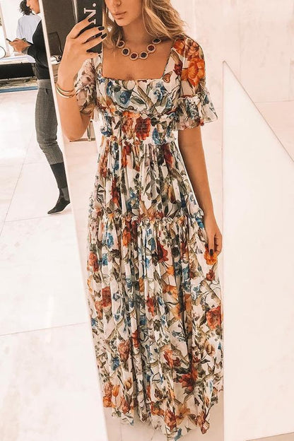 vmtvr - Sexy Short Sleeves Floral Print Off Shoulder Maxi Dress