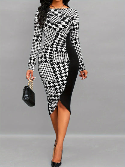 Houndstooth Splice Tulip Hem Bodycon Dress, Long Sleeve Boat Neck Elegant Dress, Women's Clothing