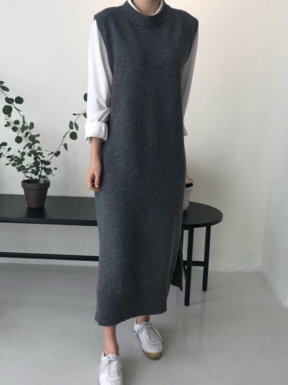 Urban Loose Sleeveless Solid Color Round-Neck Midi Dresses Sweater Dresses