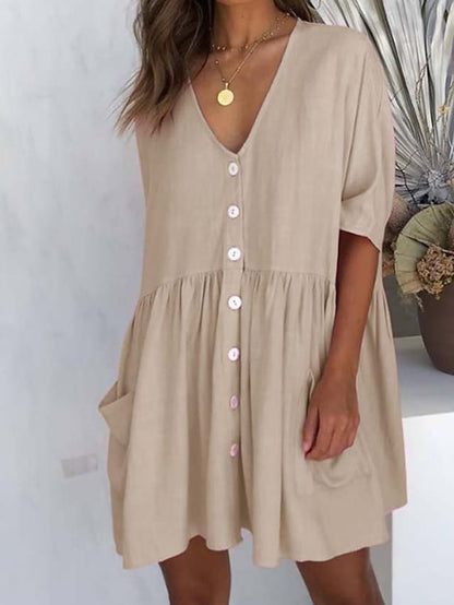 Women's Casual Dress Linen Dress Tiered Dress Mini Dress Black White Pink Short Sleeve Pure Color Ruched Winter Fall Spring V Neck Basic Daily Vacation Loose Fit S M L XL XXL 3XL