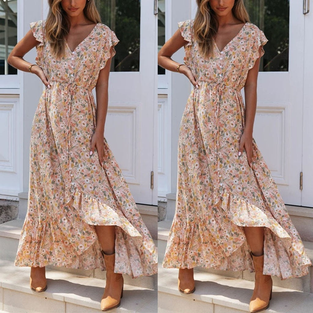 vmtvr - Summer Beach Maxi Dress Women Floral Print Boho Long Dress Ruffles Wrap Casual V-Neck Split Sexy Party Dress