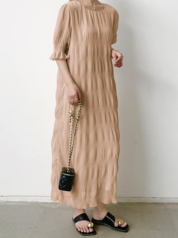 vmtvr - Flared Sleeves Half Sleeves Pleated Solid Color Round-Neck Midi Dresses