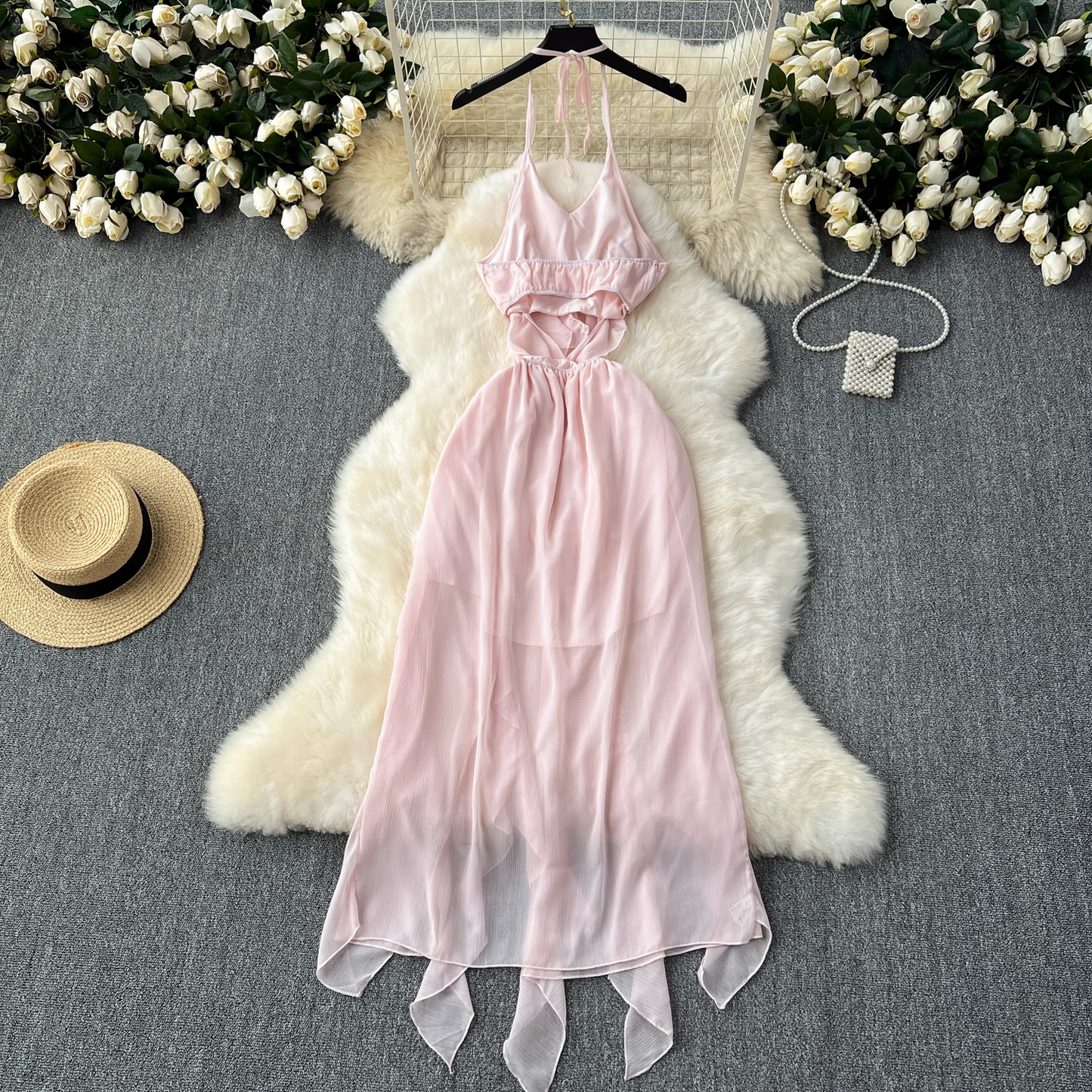 - Pink irregular ruffled holiday fairy dress GEU1101