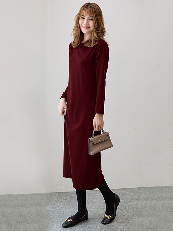 vmtvr - Simple Solid Color Round-Neck A-Line Midi Dress