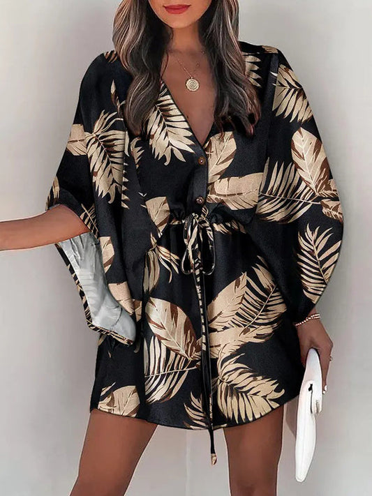 vmtvr - Original Loose Leaf Printed Contrast Color Tied Buttoned Mini Shirt Dress