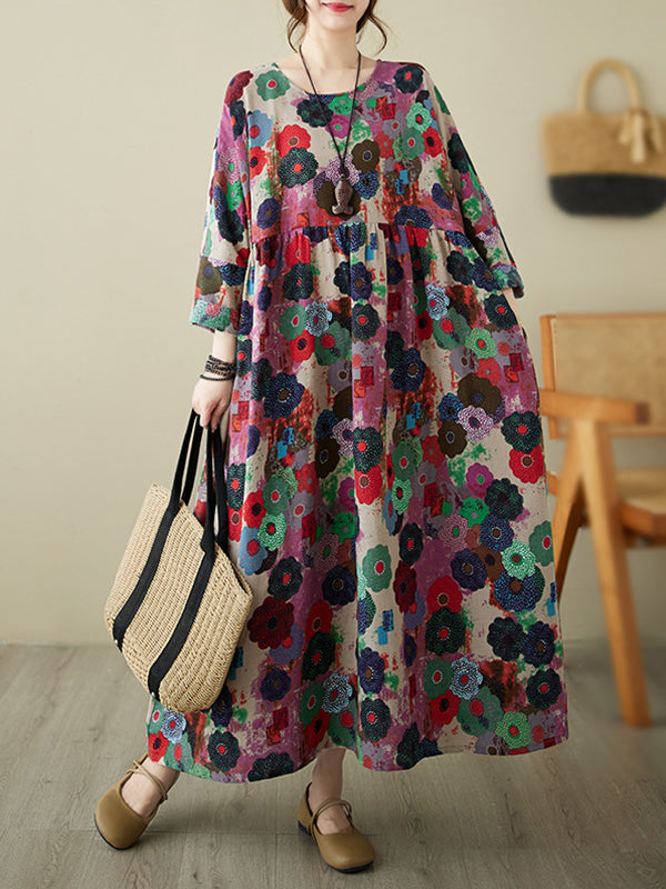 vmtvr - Long Sleeves Loose Flower Print Pockets Split-Joint Round-Neck Midi Dresses