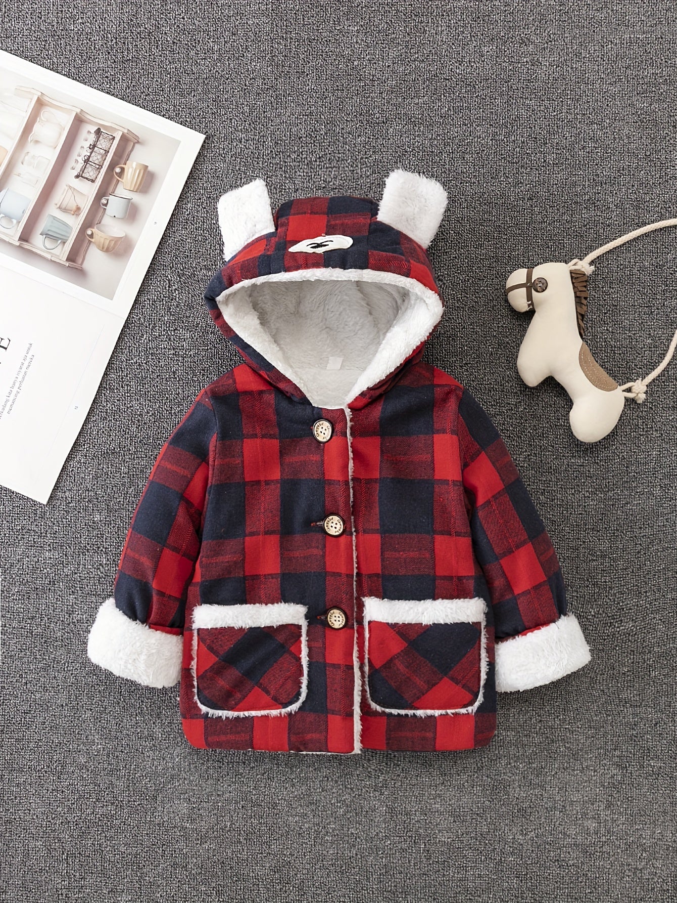 Boy's Cute Thermal Padded Jacket, Casual Warm Button Up Fleece Hooded Jacket For Outdoor Winter