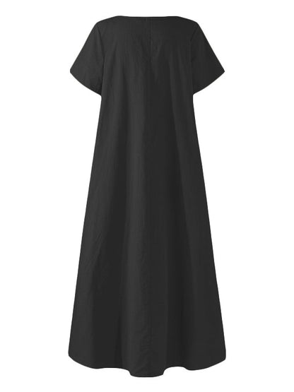 vmtvr - Simple Solid Color U-Neck Pleated Short Sleeves Maxi Dress