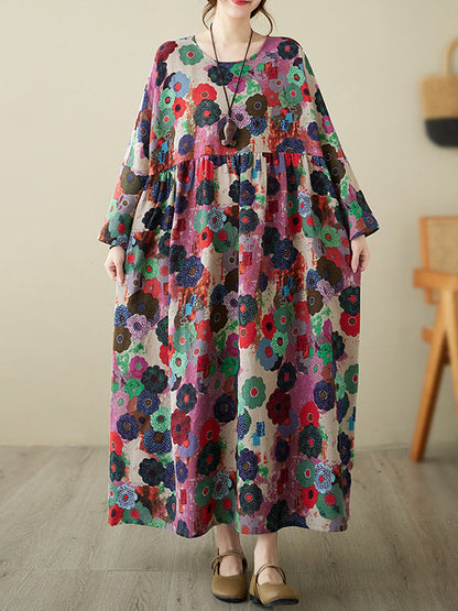 vmtvr - Long Sleeves Loose Flower Print Pockets Split-Joint Round-Neck Midi Dresses