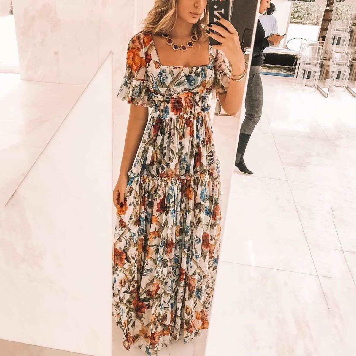 vmtvr - Sexy Short Sleeves Floral Print Off Shoulder Maxi Dress