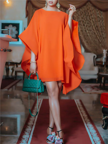 Batwing Sleeves Loose Solid Color Round-Neck Mini Dresses