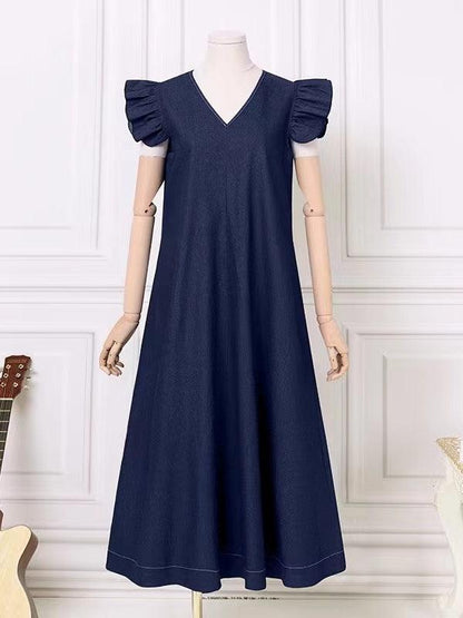 vmtvr - Fly-sleeve Denim Tie Back V-Neck Long Dress