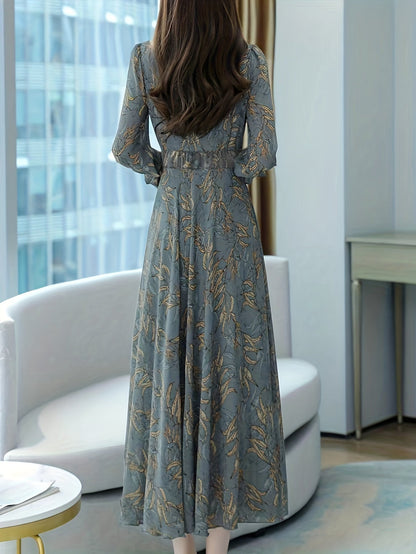 Floral Pattern Midi Dress, Vintage V Neck Long Sleeve Dress, Women's Clothing