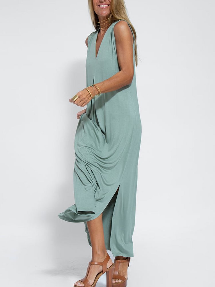 vmtvr - Women Casual Solid Color Sleeveless Maxi Dress