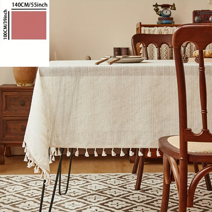 1pc Handcrafted Thick Linen Striped Tablecloth - Square, Polyester Blend for Kitchen & Dining Room Decor