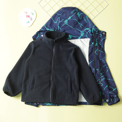 Boy's Lightning Pattern 3-in-1 Jacket, Detachable Liner Hooded Coat, Windproof, Waterproof And Warm Outerwear For Kids