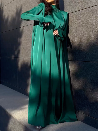 vmtvr - Flared Sleeves Long Sleeves Solid Color High-Neck Maxi Dresses