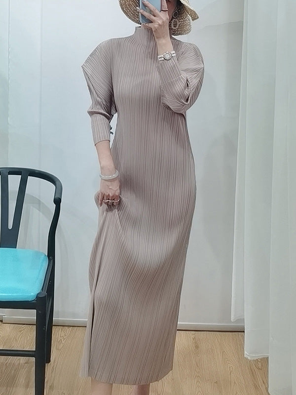 vmtvr - Original Creation Loose Long Sleeves Pleated Solid Color High-Neck Midi Dresses