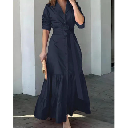 vmtvr - Solid Button Front Belted Dress, Elegant Ruched Sleeve Ruffle Trim Maxi Dress, Women's Clothing