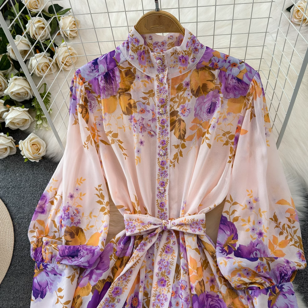 - Retro palace style lantern long sleeve a-line printed dress GEU1003