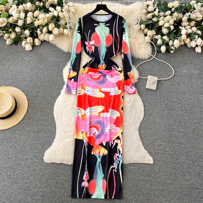 - Retro fashion printed hip-hugging dress GEU435