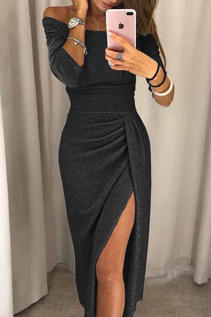 Wrap Hip Slit Collar Maxi Dresses