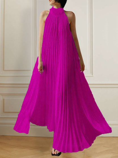 A-Line Sleeveless Pleated Solid Color Halter-Neck Maxi Dresses