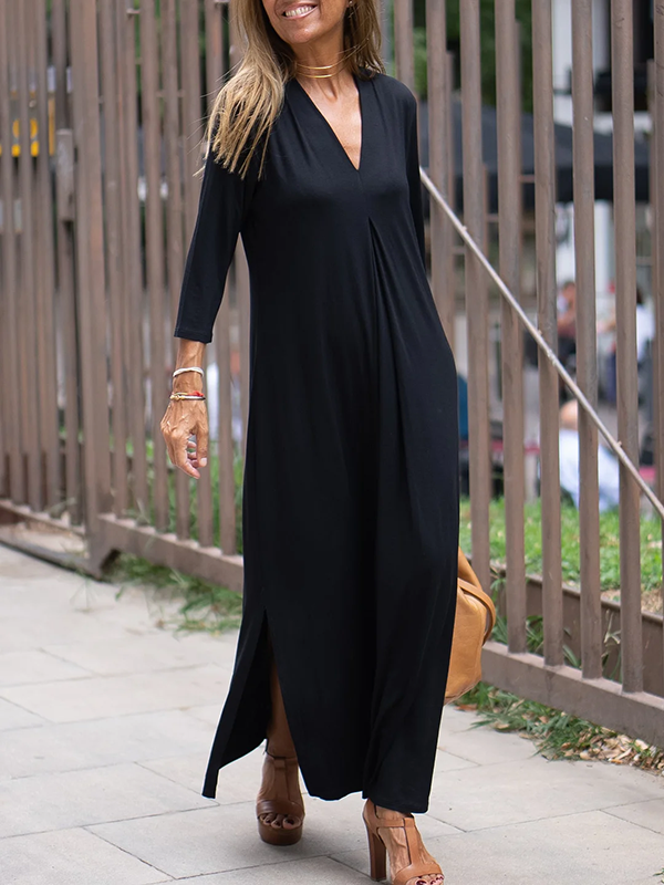 vmtvr - Long Sleeves Loose Solid Color Split-Side V-Neck Maxi Dresses