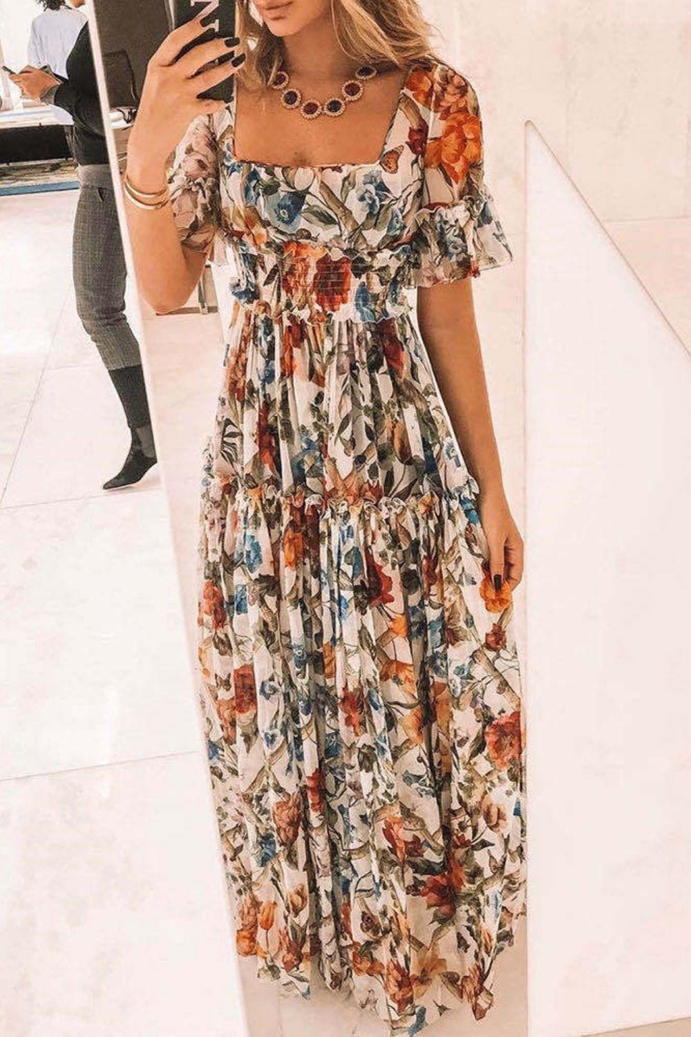 vmtvr - Sexy Short Sleeves Floral Print Off Shoulder Maxi Dress