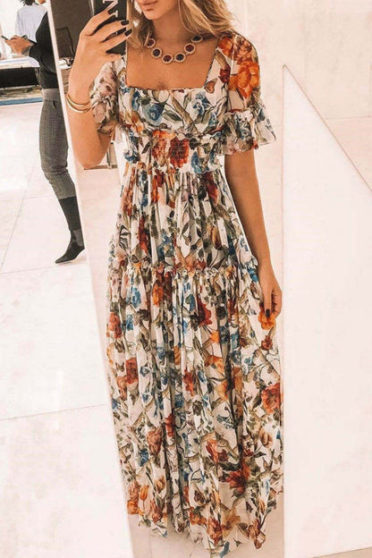 vmtvr - Sexy Short Sleeves Floral Print Off Shoulder Maxi Dress