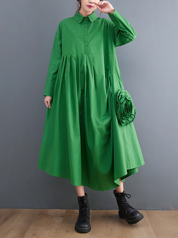 vmtvr - Urban Floral Applique Pleated Long Sleeves Shirt Dress Midi Dress