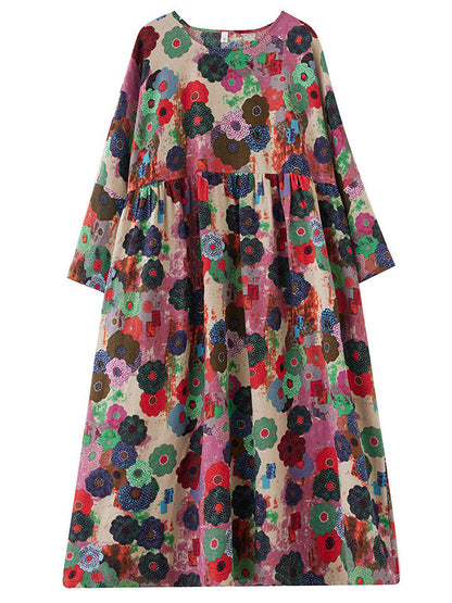 vmtvr - Long Sleeves Loose Flower Print Pockets Split-Joint Round-Neck Midi Dresses