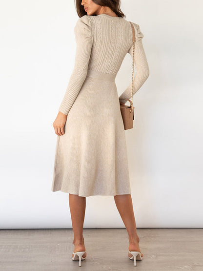 vmtvr - High Waisted Long Sleeves Solid Color Tied Waist Round-Neck Midi Dresses Sweater Dresses