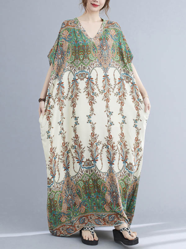 vmtvr - Vintage Floral Printed V-Neck Batwing Sleeves H-Line Maxi Dress