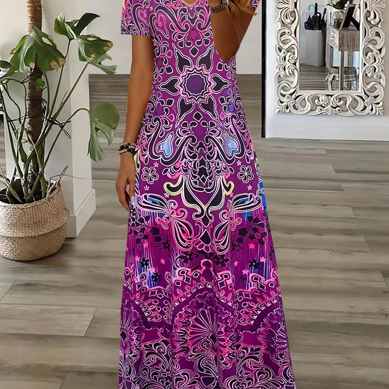 Ethnic Floral Print Dress, Boho V Neck Short Sleeve Maxi Dress, Women's Clothing