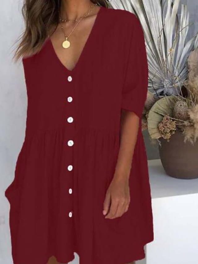 Women's Casual Dress Linen Dress Tiered Dress Mini Dress Black White Pink Short Sleeve Pure Color Ruched Winter Fall Spring V Neck Basic Daily Vacation Loose Fit S M L XL XXL 3XL