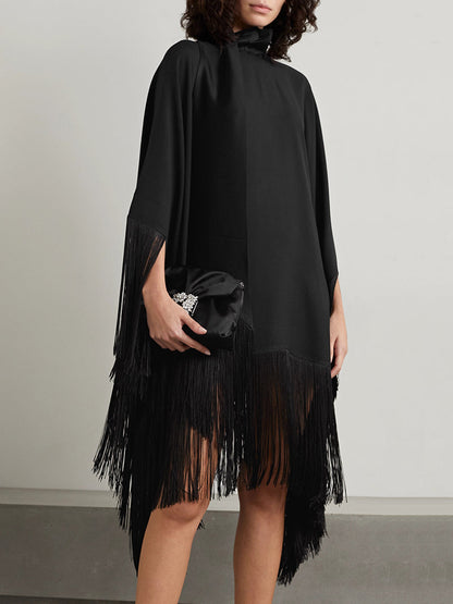 vmtvr - Loose Fringed High Neckline With A Scarf-Like Panel Solid Midi Dresses